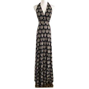 FAITH CONNEXION BLACK COMBO ALLOVER WINGS HALTER STRETCH LONG DRESS - M